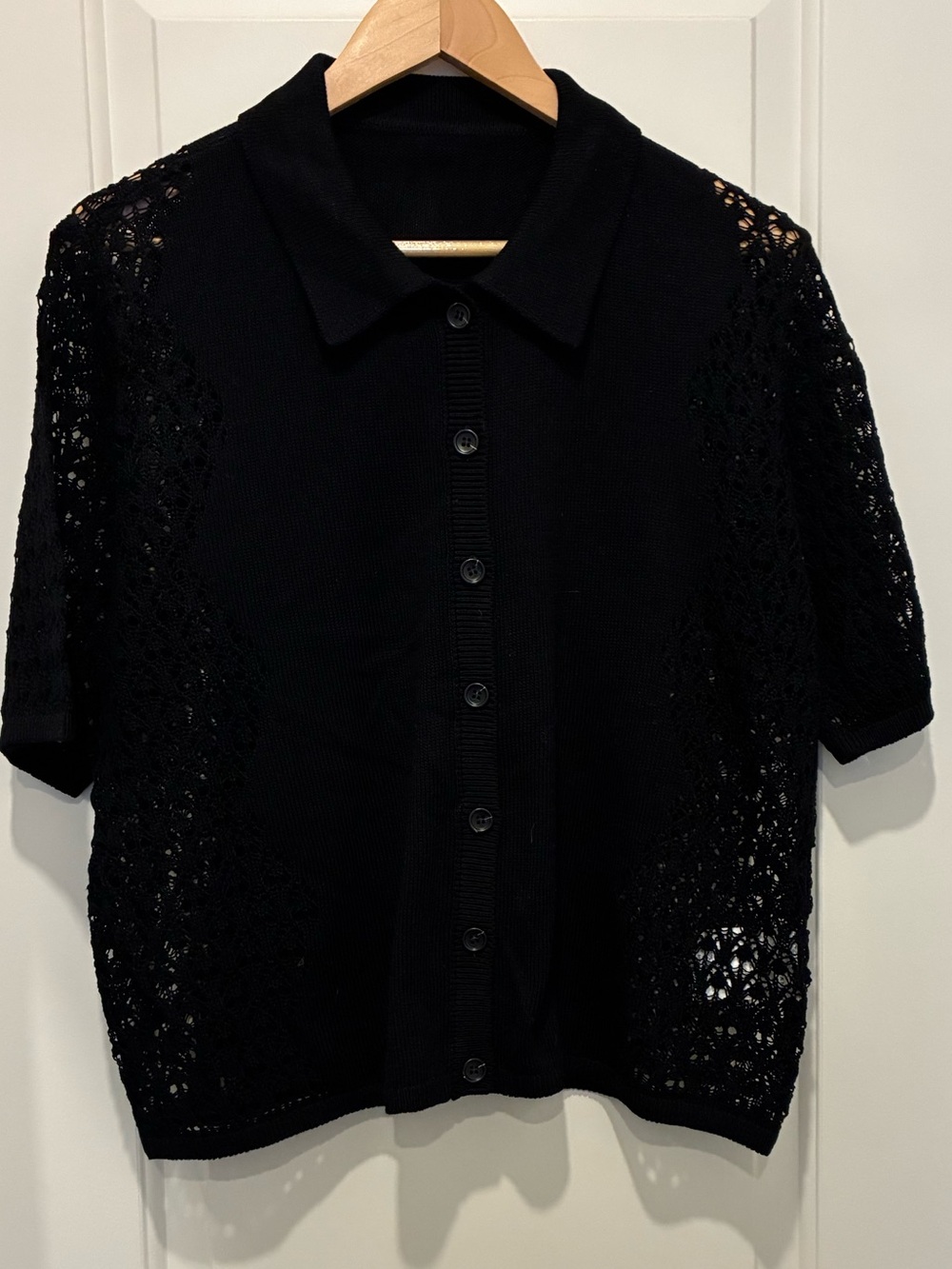 Maria McManus Black Crochet-Sleeve Button-Up Top size large